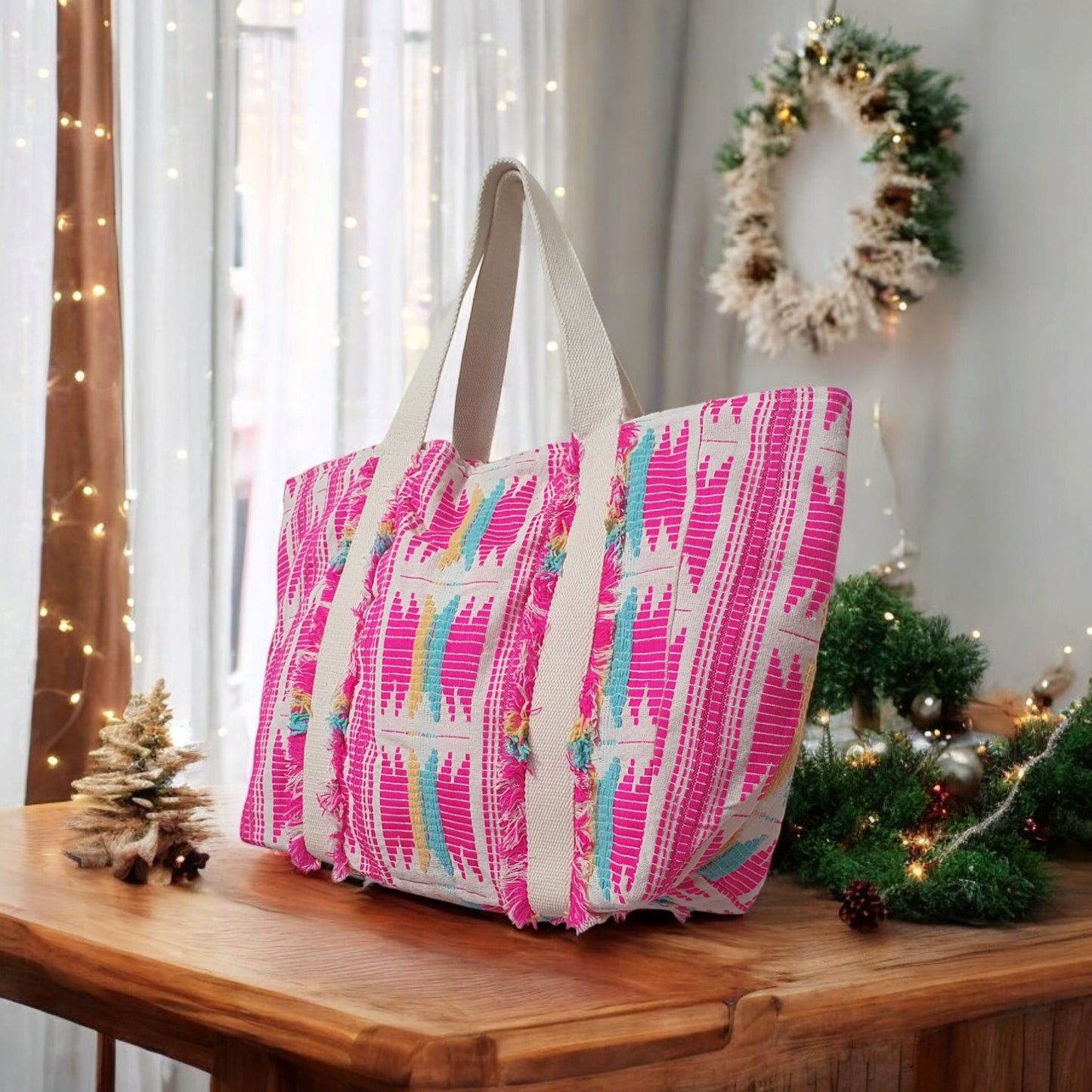 Neon Jacquard Tote Bag with Fringed Details