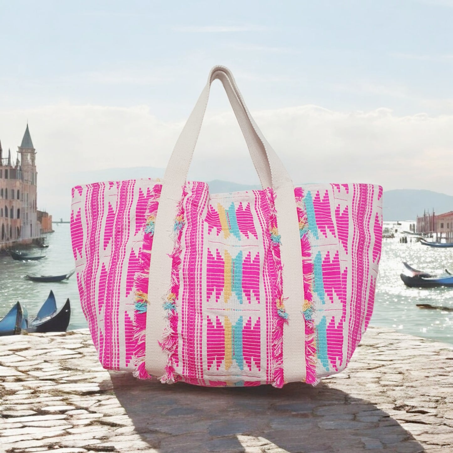 Neon Jacquard Tote Bag with Fringed Details