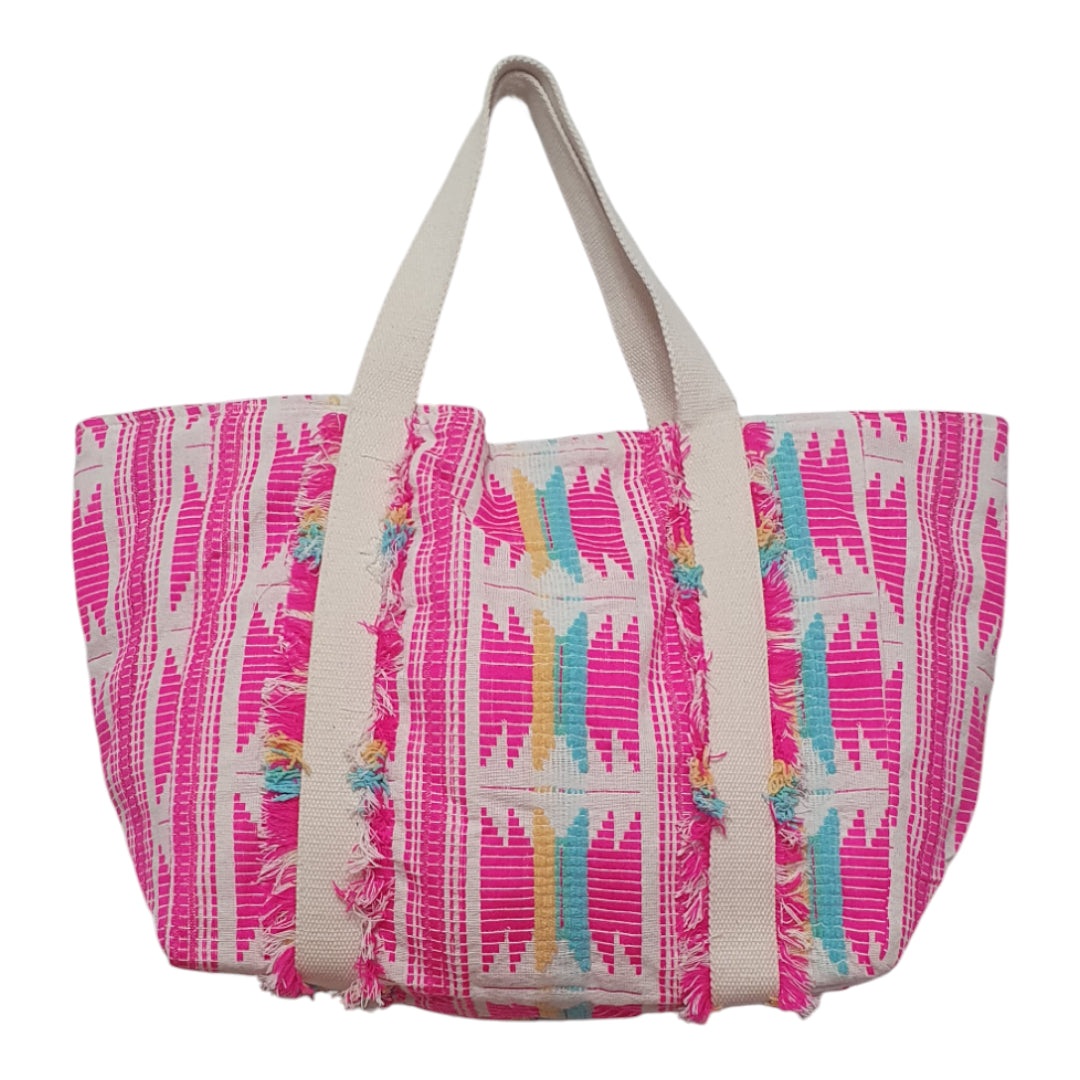 Neon Jacquard Tote Bag with Fringed Details