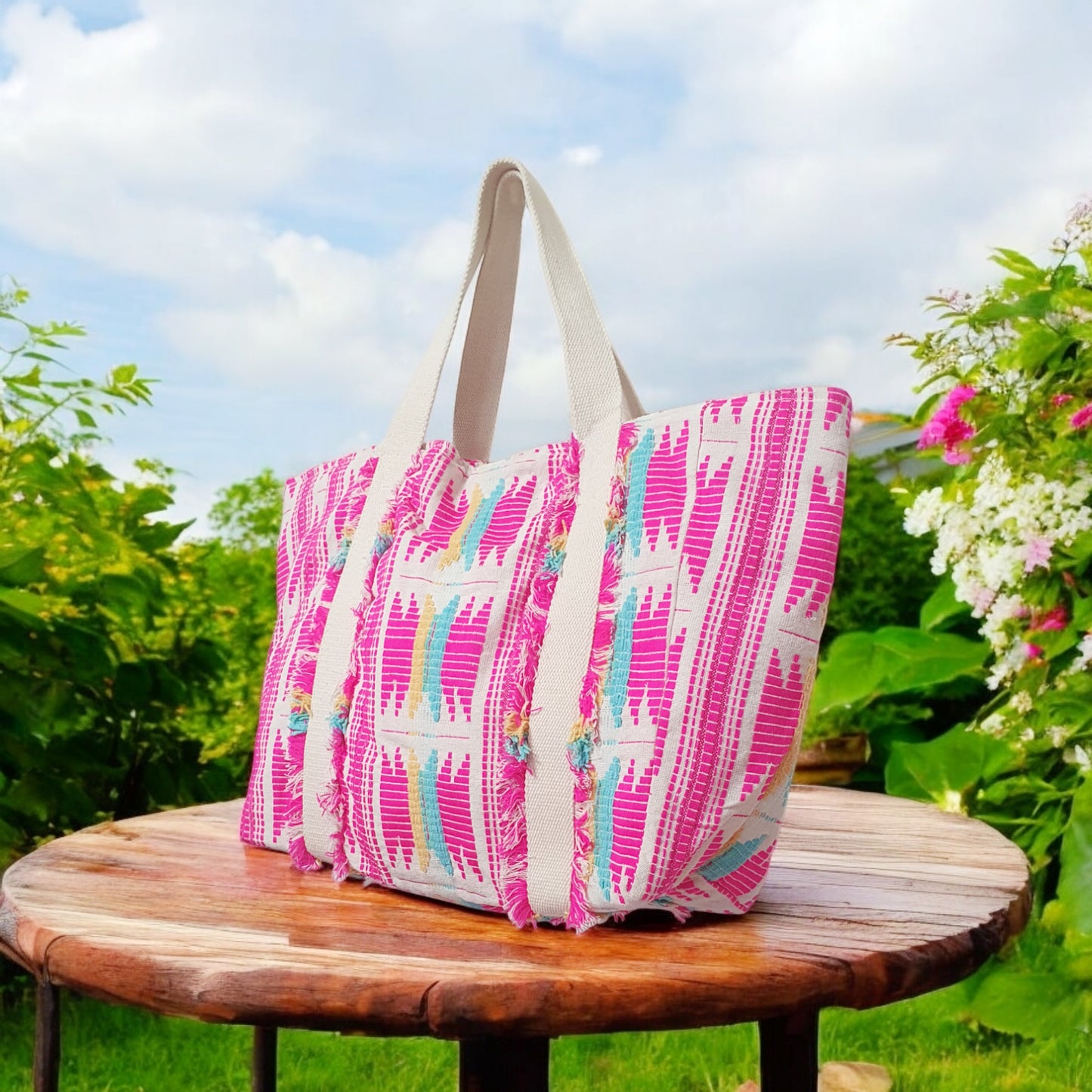 Neon Jacquard Tote Bag with Fringed Details