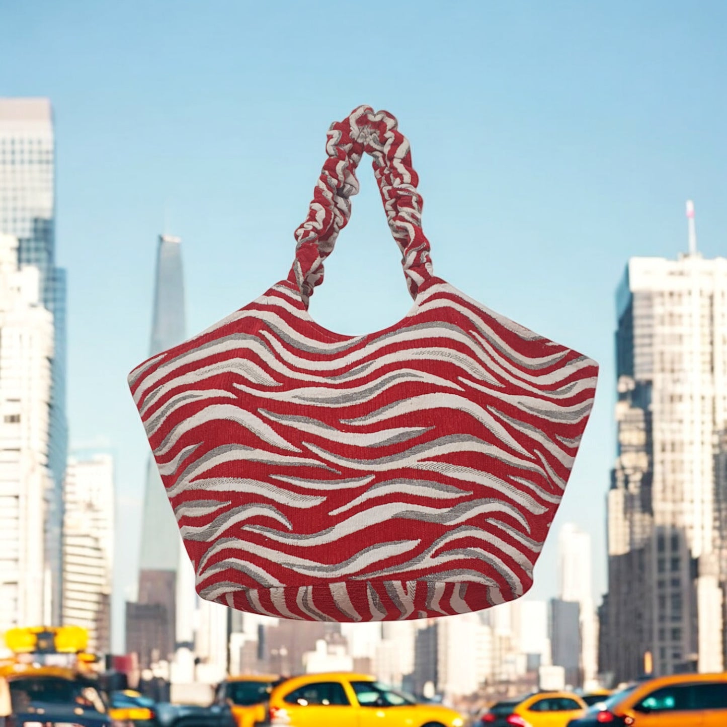 Red Zebra-Woven Jacquard Bag with Ruched Handles