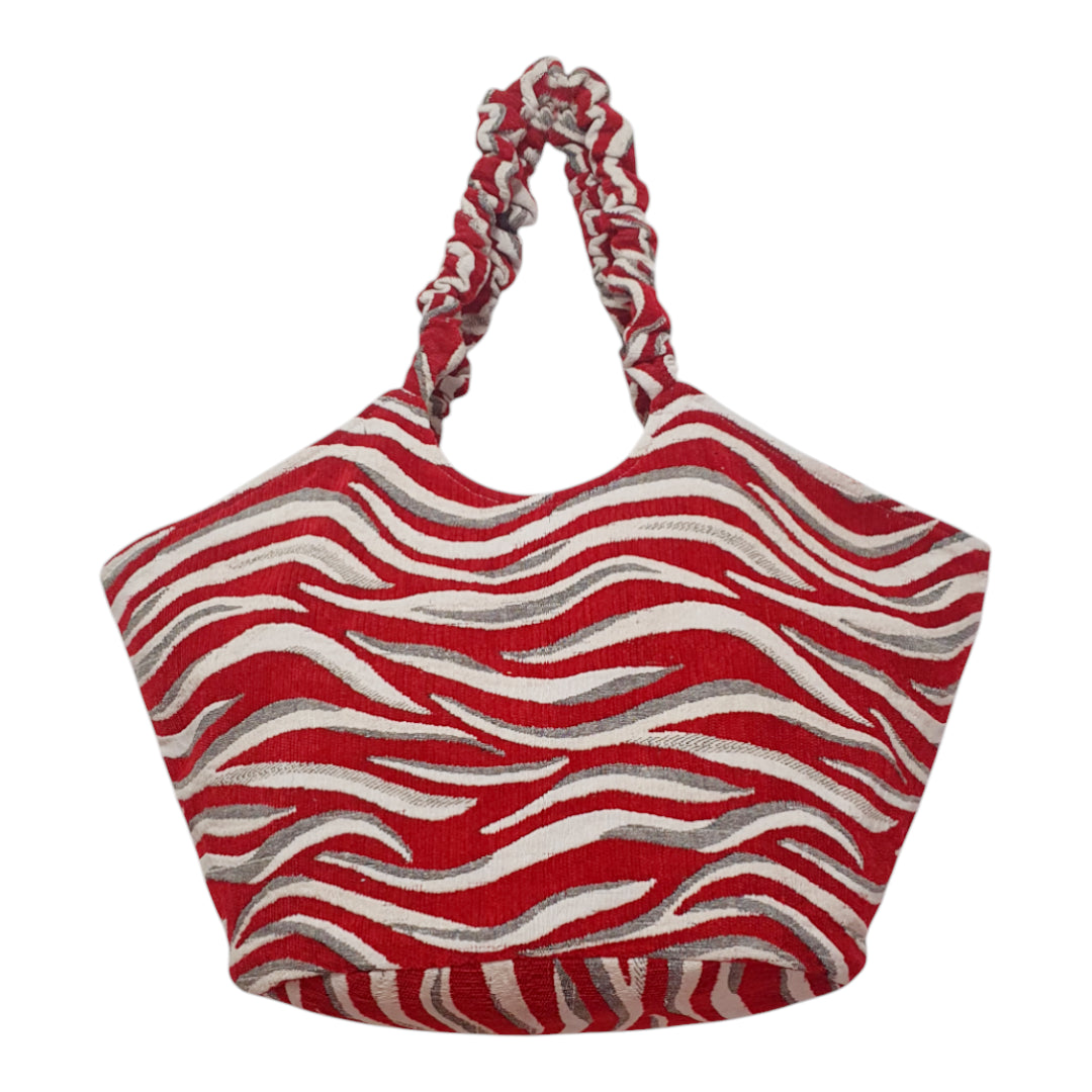 Red Zebra-Woven Jacquard Bag with Ruched Handles