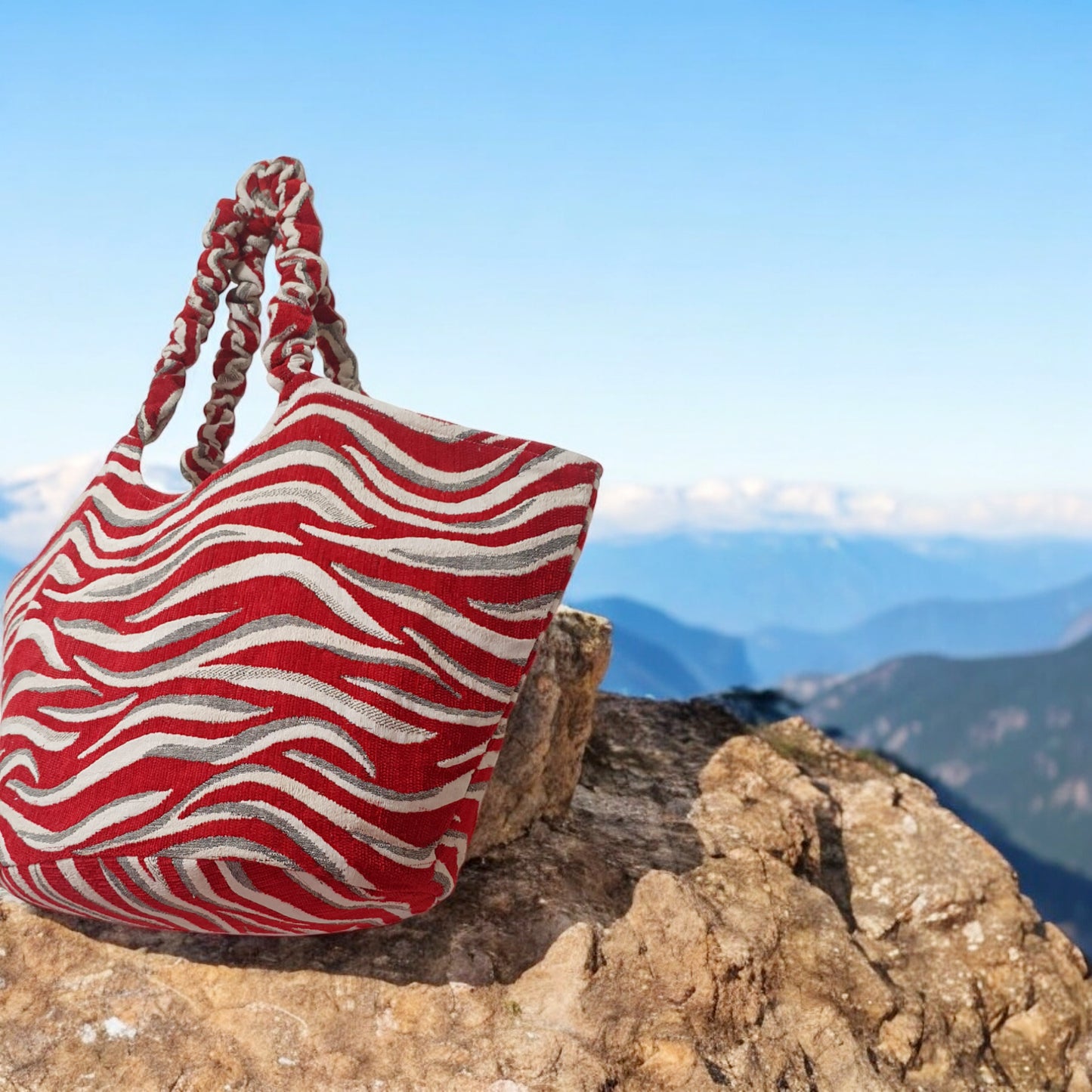 Red Zebra-Woven Jacquard Bag with Ruched Handles