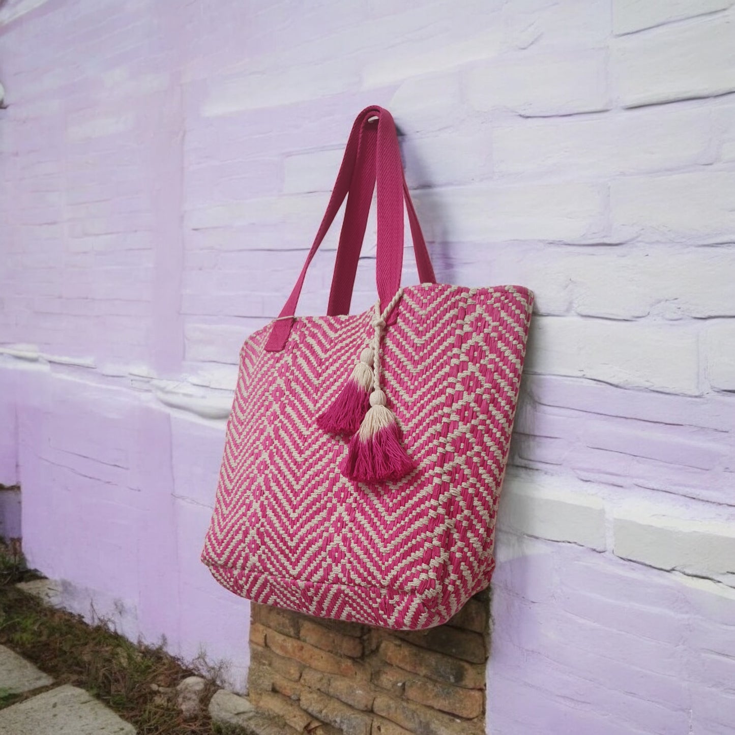 Handloom Raffia Tote Bag with Ombré Tassels