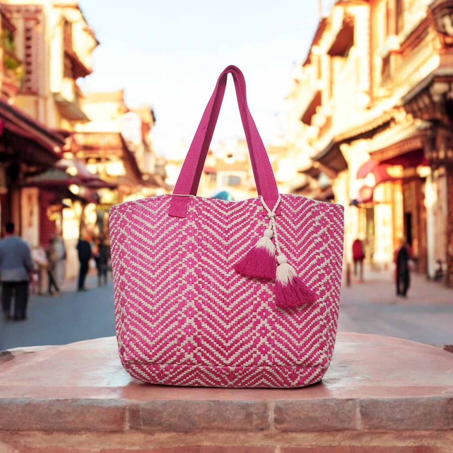 Handloom Raffia Tote Bag with Ombré Tassels