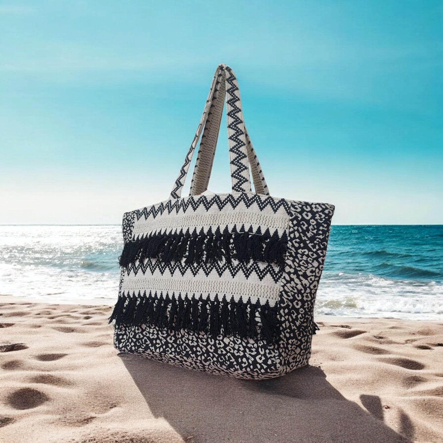 Black and White Leopard & Ikkat Jacquard Tote Bag with Fringe