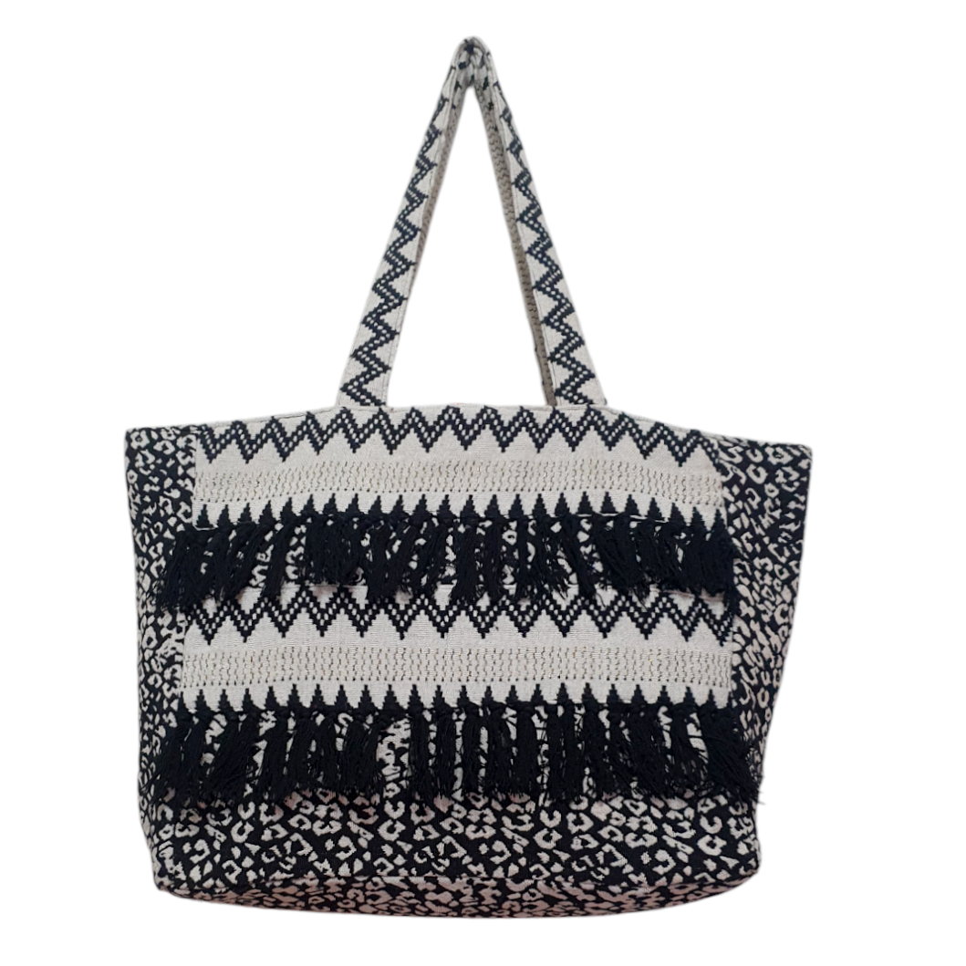 Black and White Leopard & Ikkat Jacquard Tote Bag with Fringe