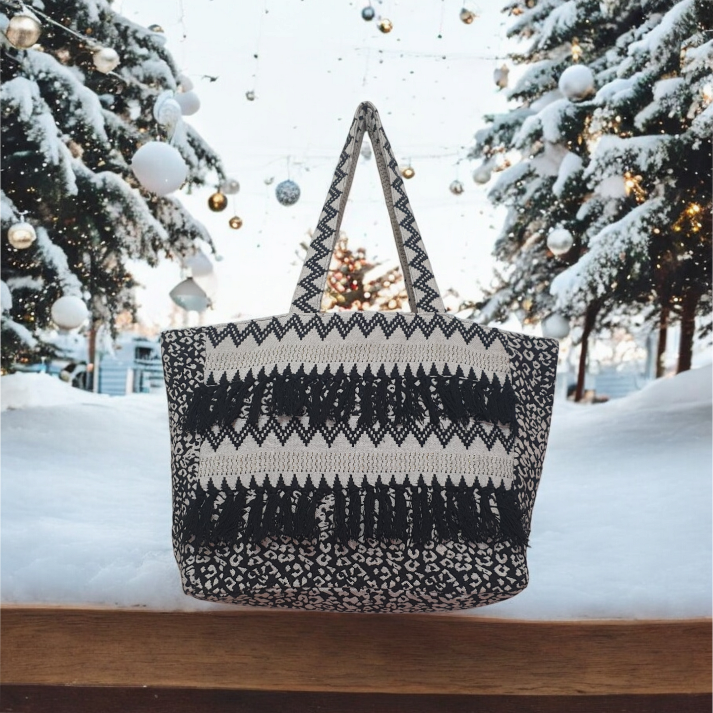 Black and White Leopard & Ikkat Jacquard Tote Bag with Fringe