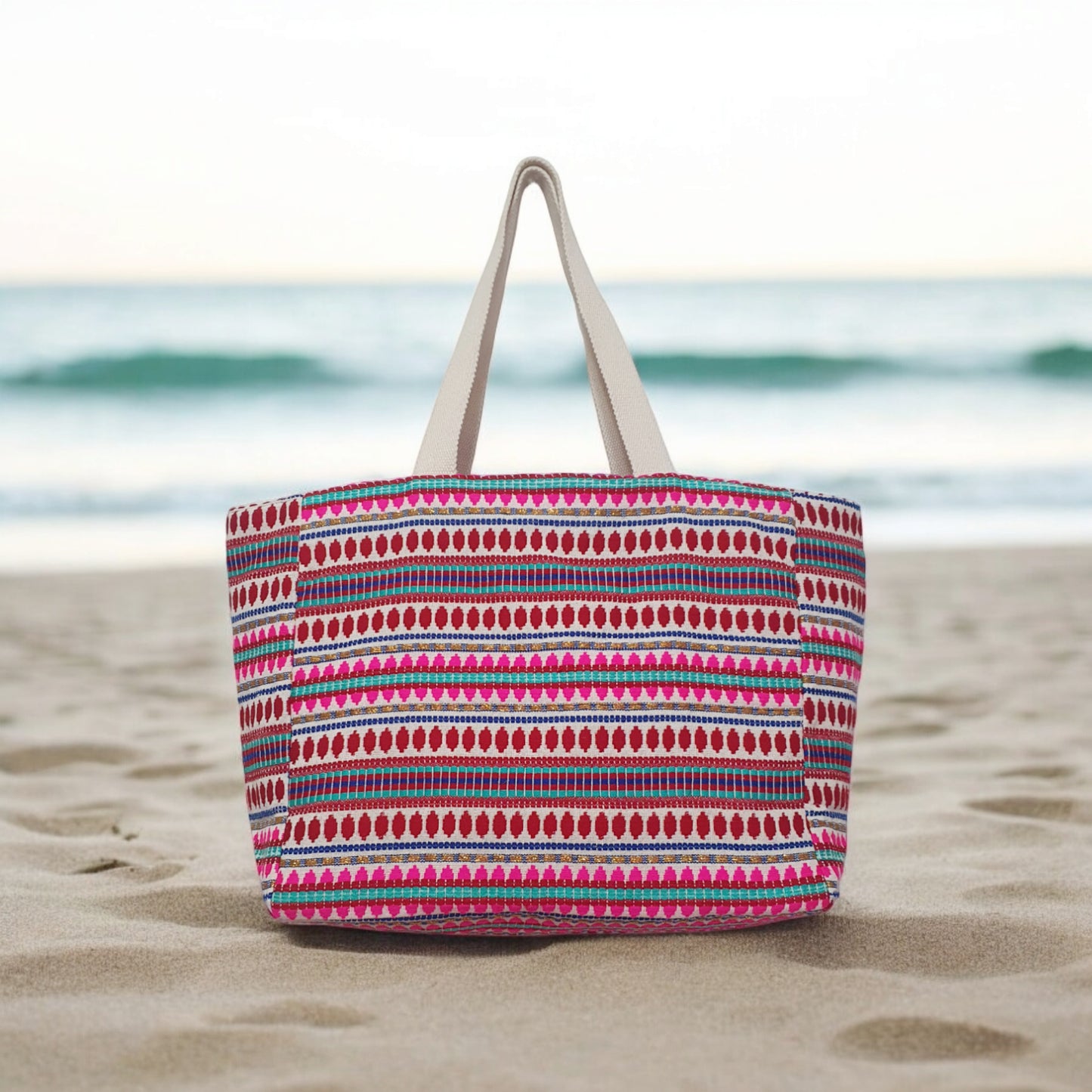 Multicolor Jacquard Tote Bag with Gold Metallic Accents