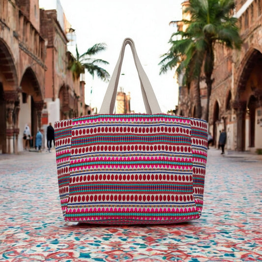 Multicolor Jacquard Tote Bag with Gold Metallic Accents