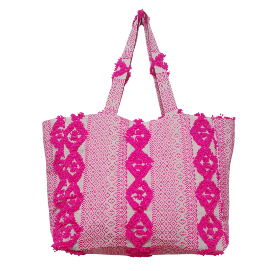 Vibrant Pink Textured Cotton Jacquard Tote Bag