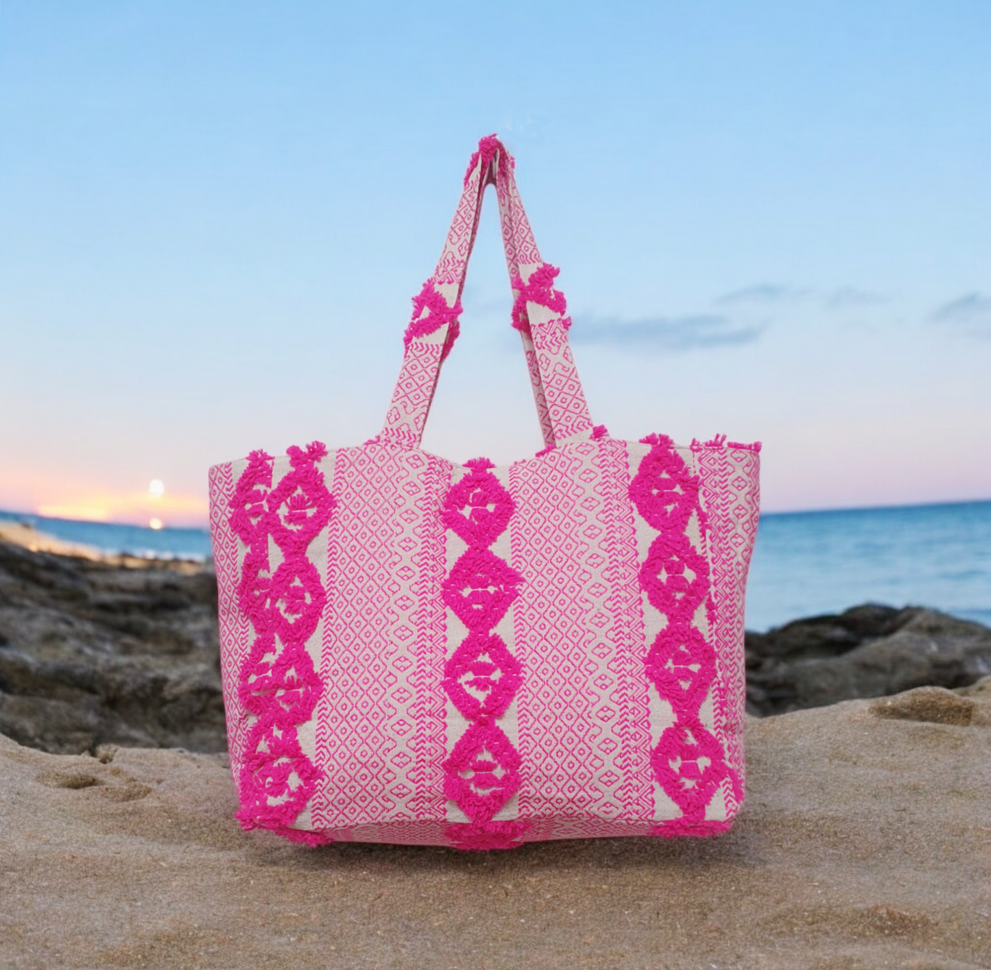 Vibrant Pink Textured Cotton Jacquard Tote Bag