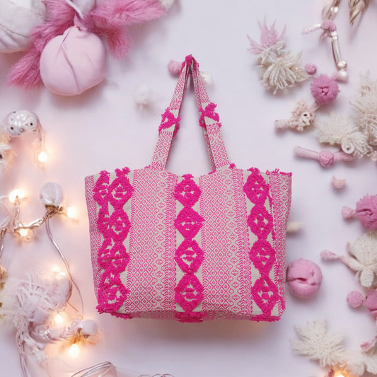 Vibrant Pink Textured Cotton Jacquard Tote Bag