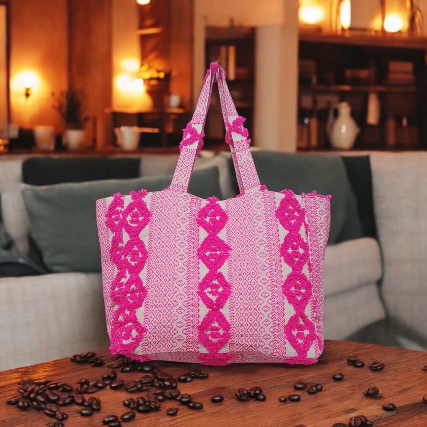 Vibrant Pink Textured Cotton Jacquard Tote Bag