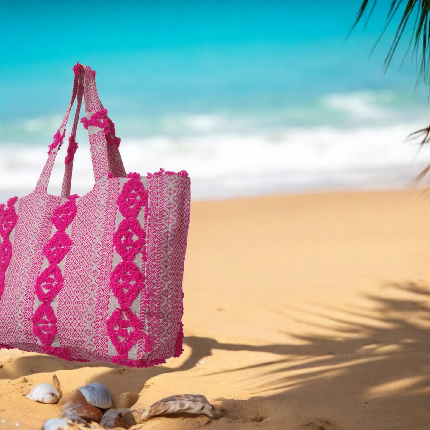 Vibrant Pink Textured Cotton Jacquard Tote Bag