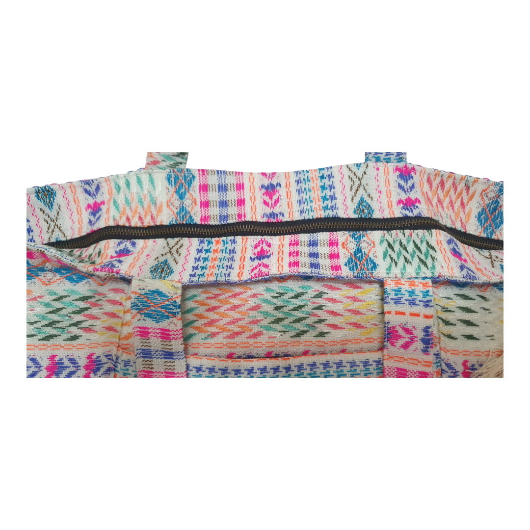 Boho Jacquard Tote Bag with Front Pocket Pastle Pink/ Blue