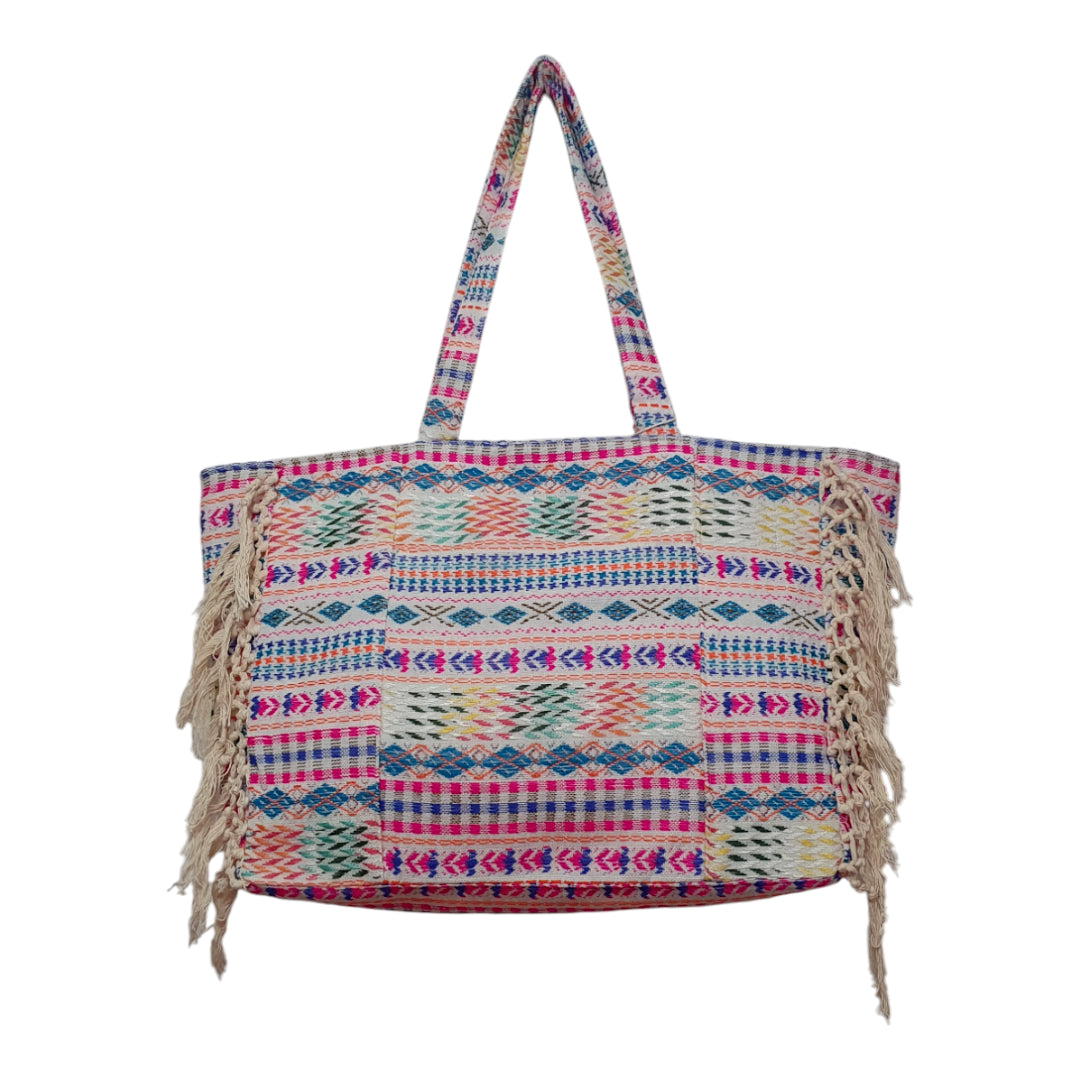 Boho Jacquard Tote Bag with Front Pocket Pastle Pink/ Blue