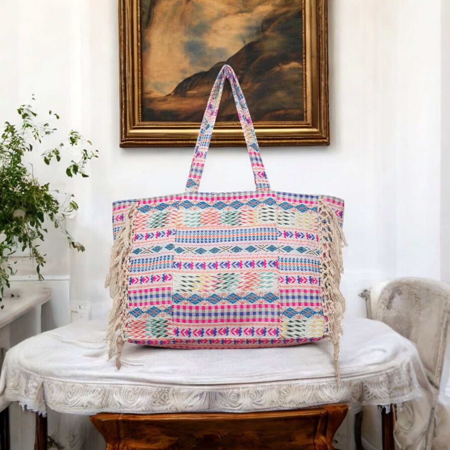 Boho Jacquard Tote Bag with Front Pocket Pastle Pink/ Blue