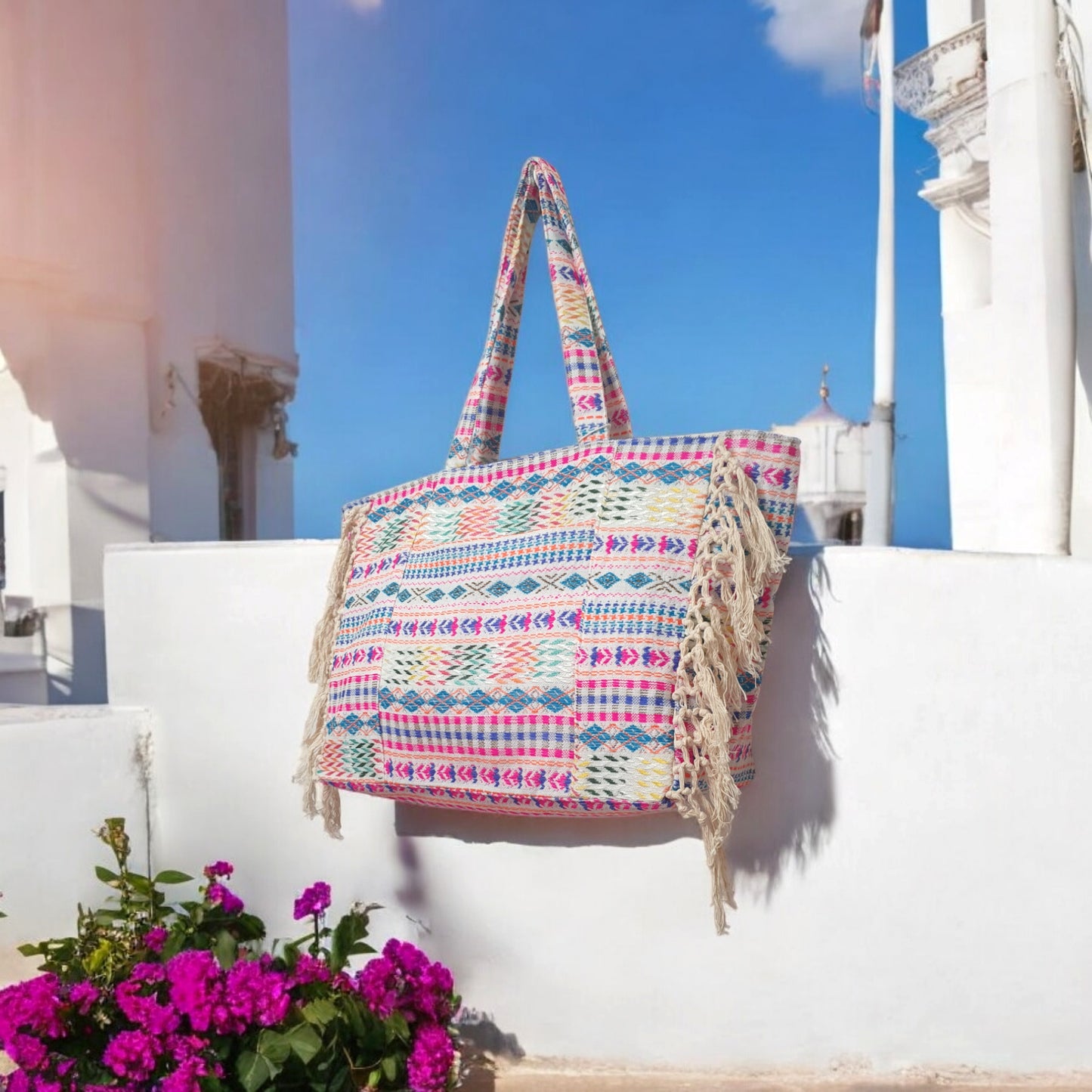 Boho Jacquard Tote Bag with Front Pocket Pastle Pink/ Blue