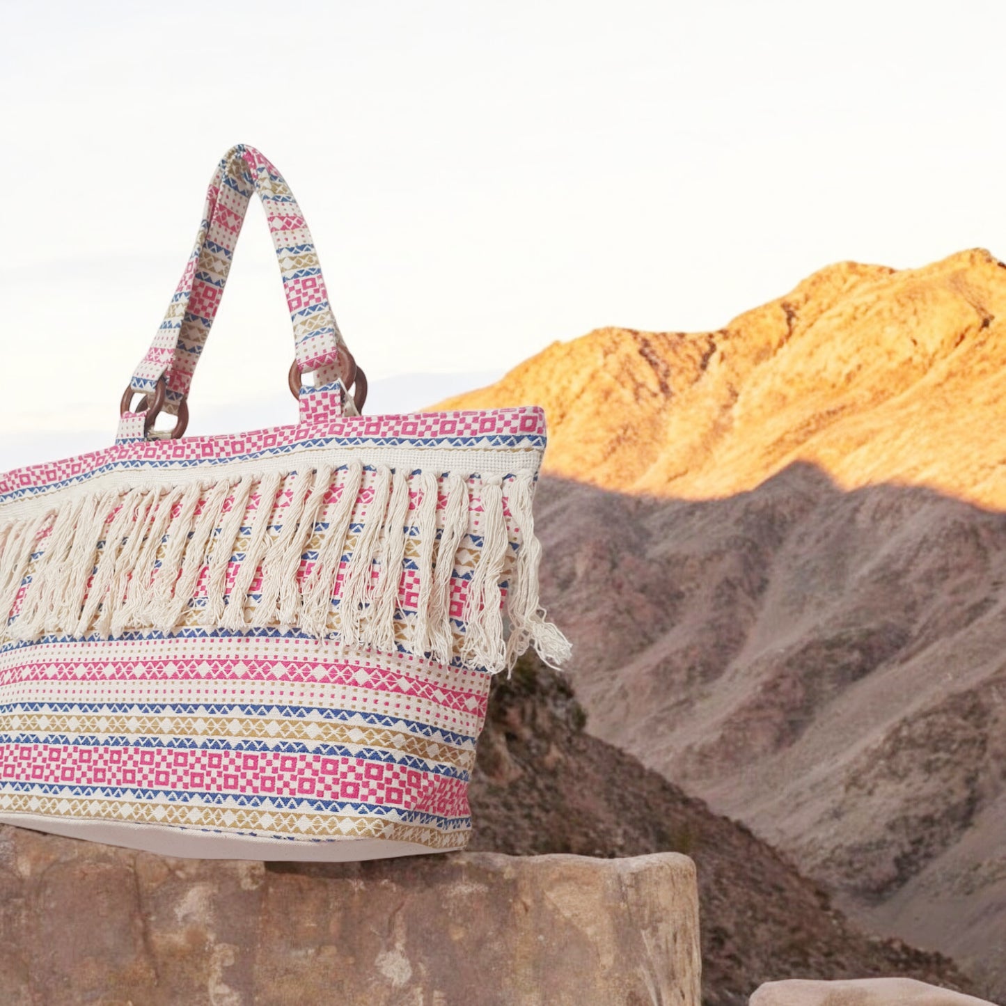 Eco-Friendly Cotton Jacquard Fringe Tote Bag with Wooden Rings