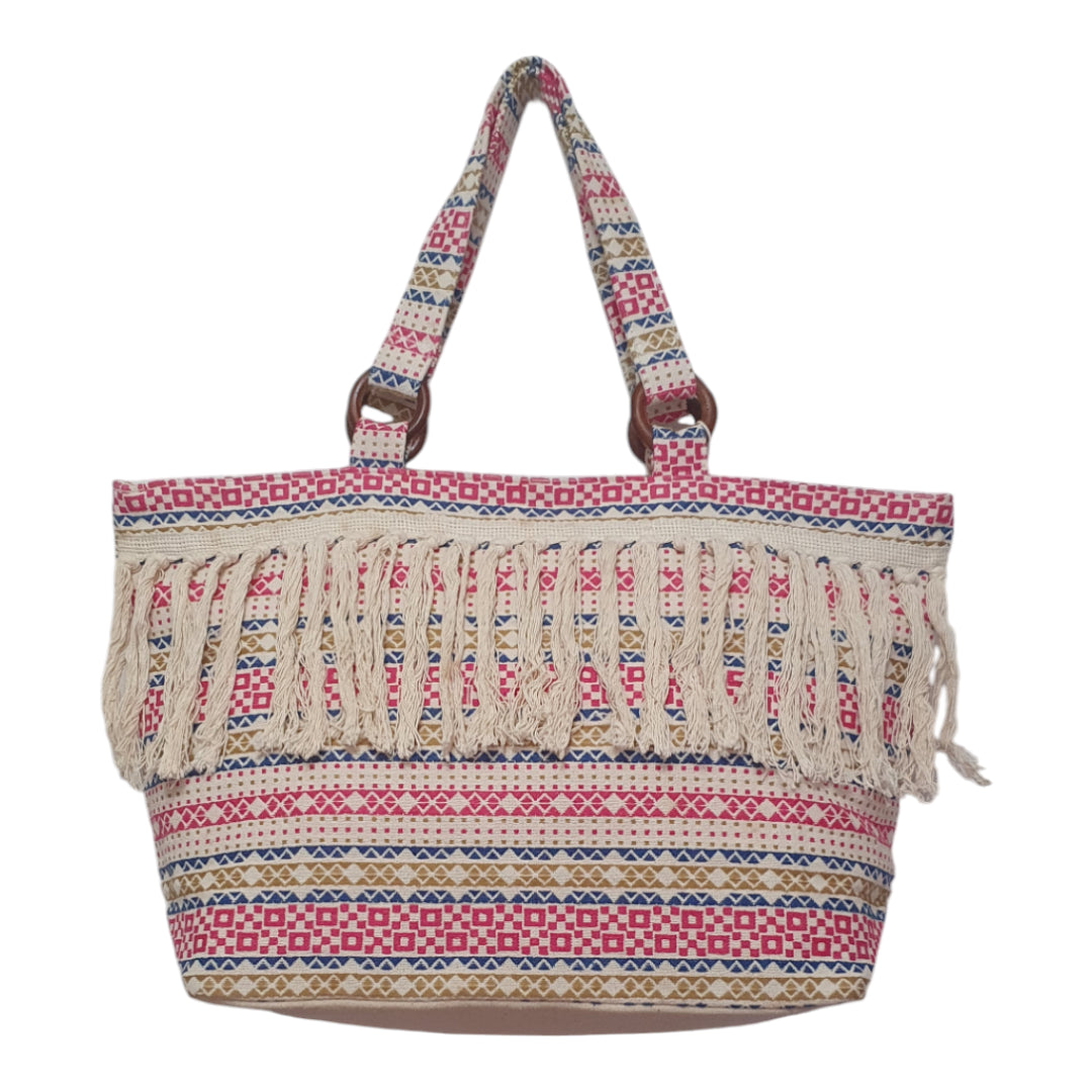 Eco-Friendly Cotton Jacquard Fringe Tote Bag with Wooden Rings