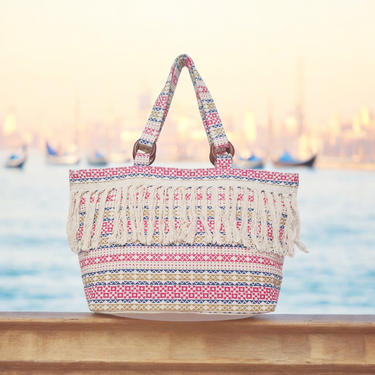 Eco-Friendly Cotton Jacquard Fringe Tote Bag with Wooden Rings