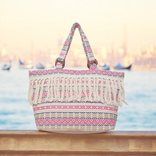 Eco-Friendly Cotton Jacquard Fringe Tote Bag with Wooden Rings