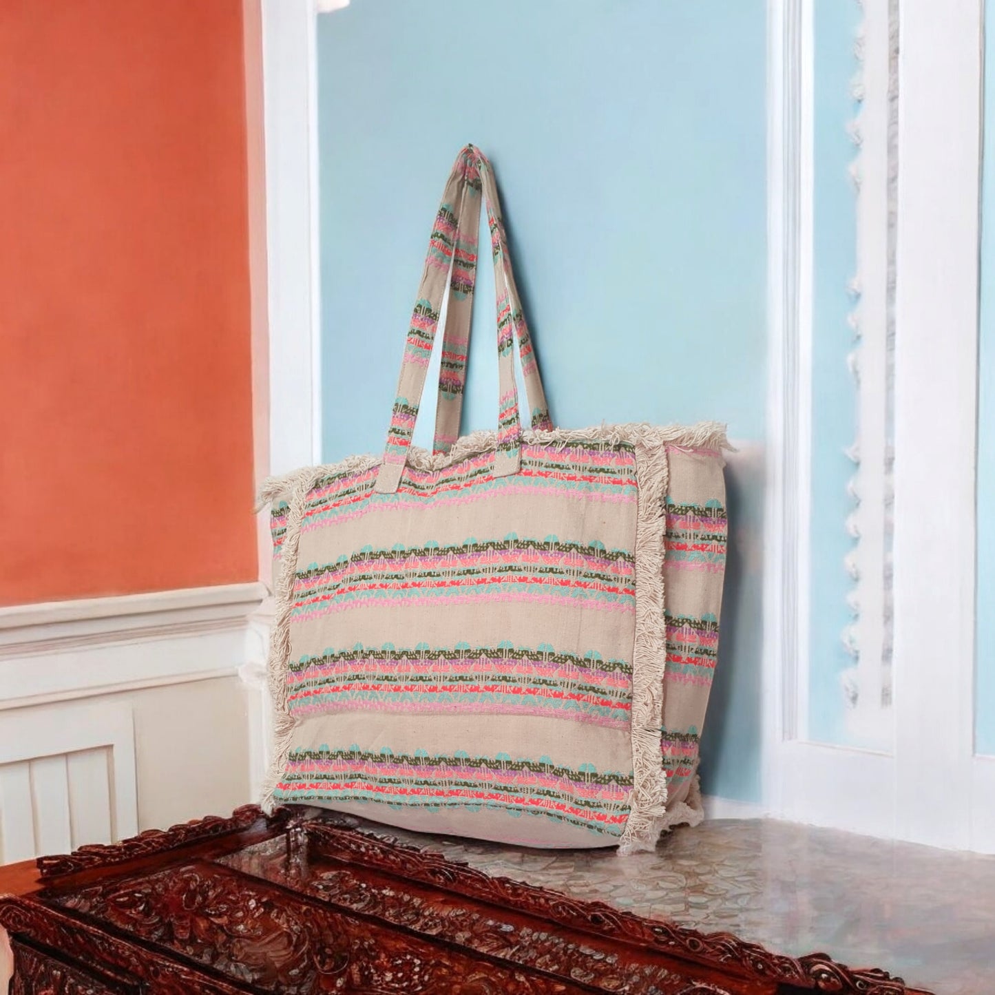 Eco-Friendly Cotton Jacquard Bohemian Neon Pastel Fringe Tote Bag