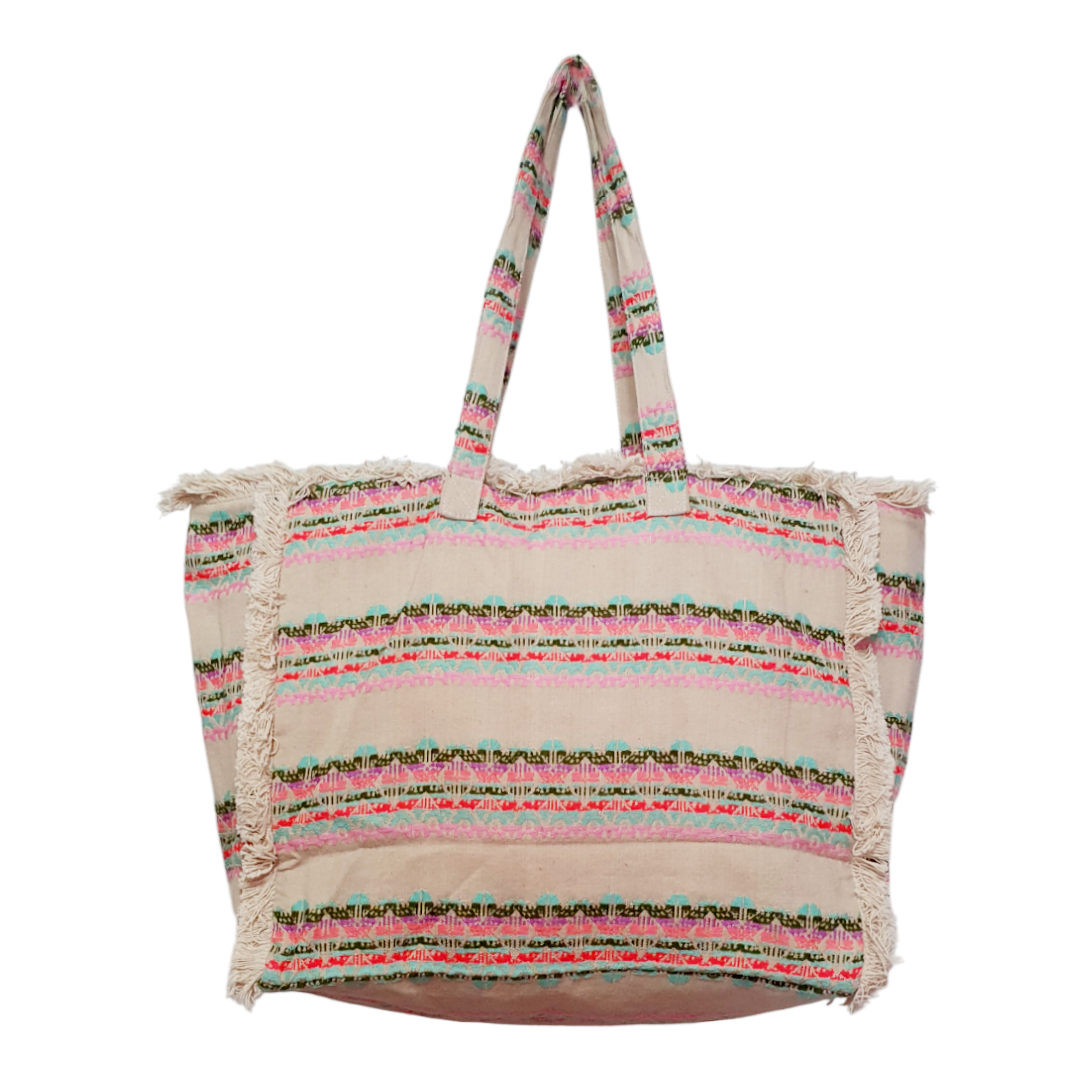 Eco-Friendly Cotton Jacquard Bohemian Neon Pastel Fringe Tote Bag