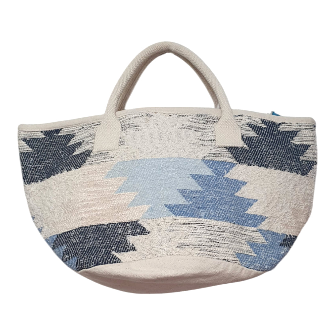 Boho Tote Bag with Blue Tribal Print – Large Woven Handbag for Women, Stylish Bohemian Shoulder Bag