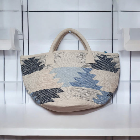 Boho Tote Bag with Blue Tribal Print – Large Woven Handbag for Women, Stylish Bohemian Shoulder Bag