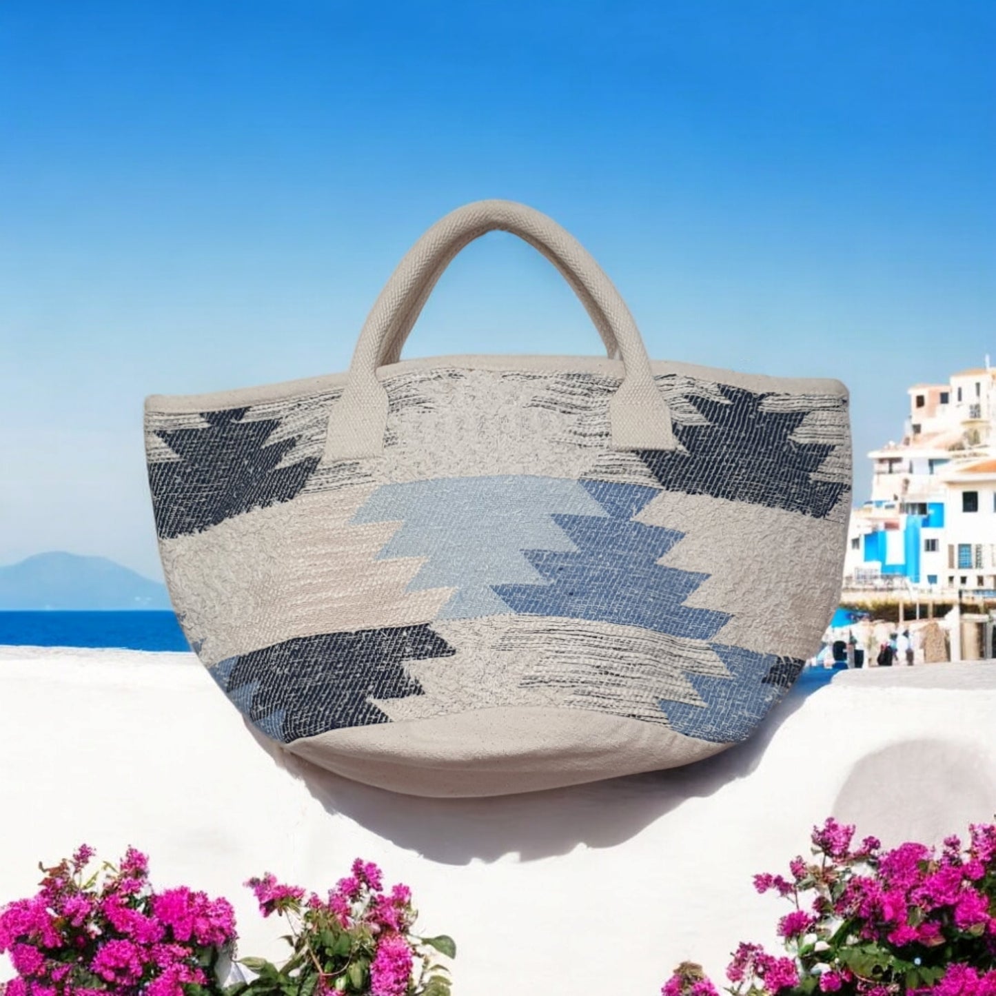Boho Tote Bag with Blue Tribal Print – Large Woven Handbag for Women, Stylish Bohemian Shoulder Bag