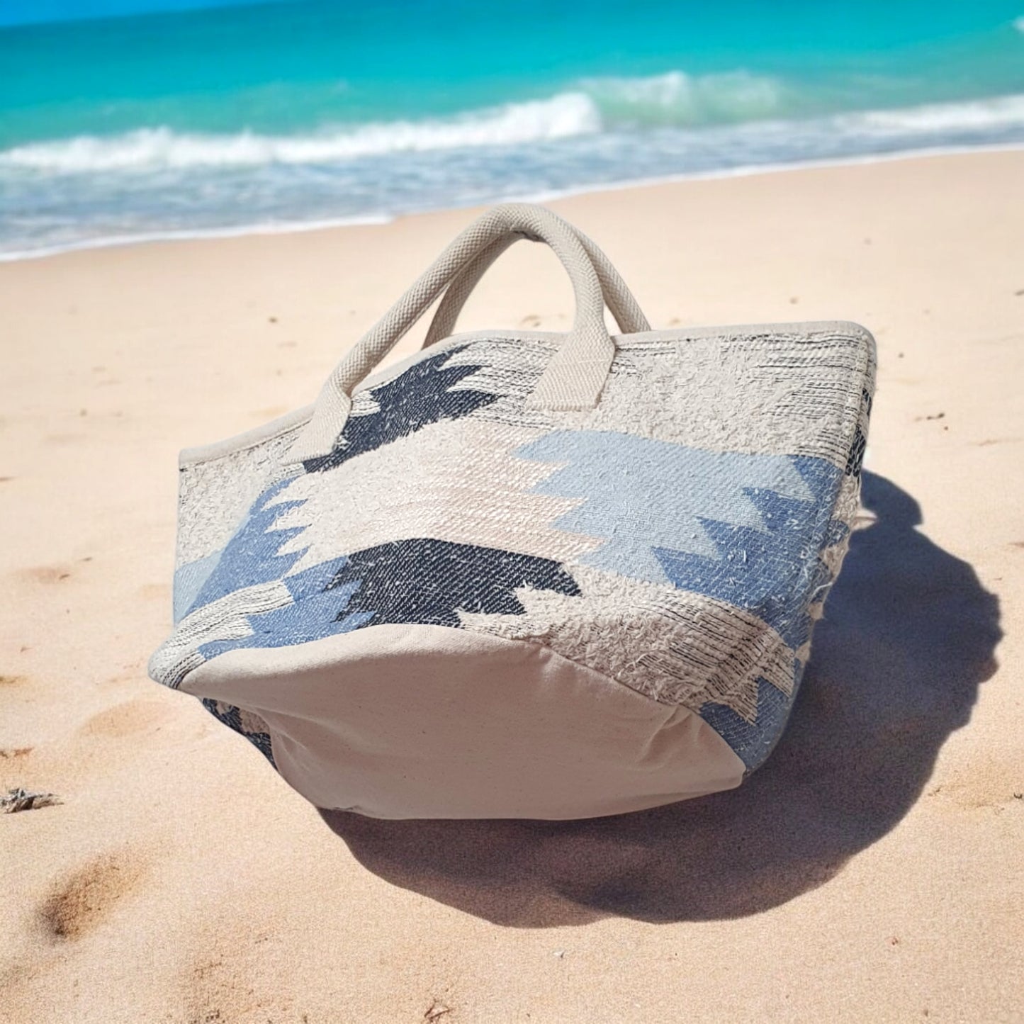 Boho Tote Bag with Blue Tribal Print – Large Woven Handbag for Women, Stylish Bohemian Shoulder Bag