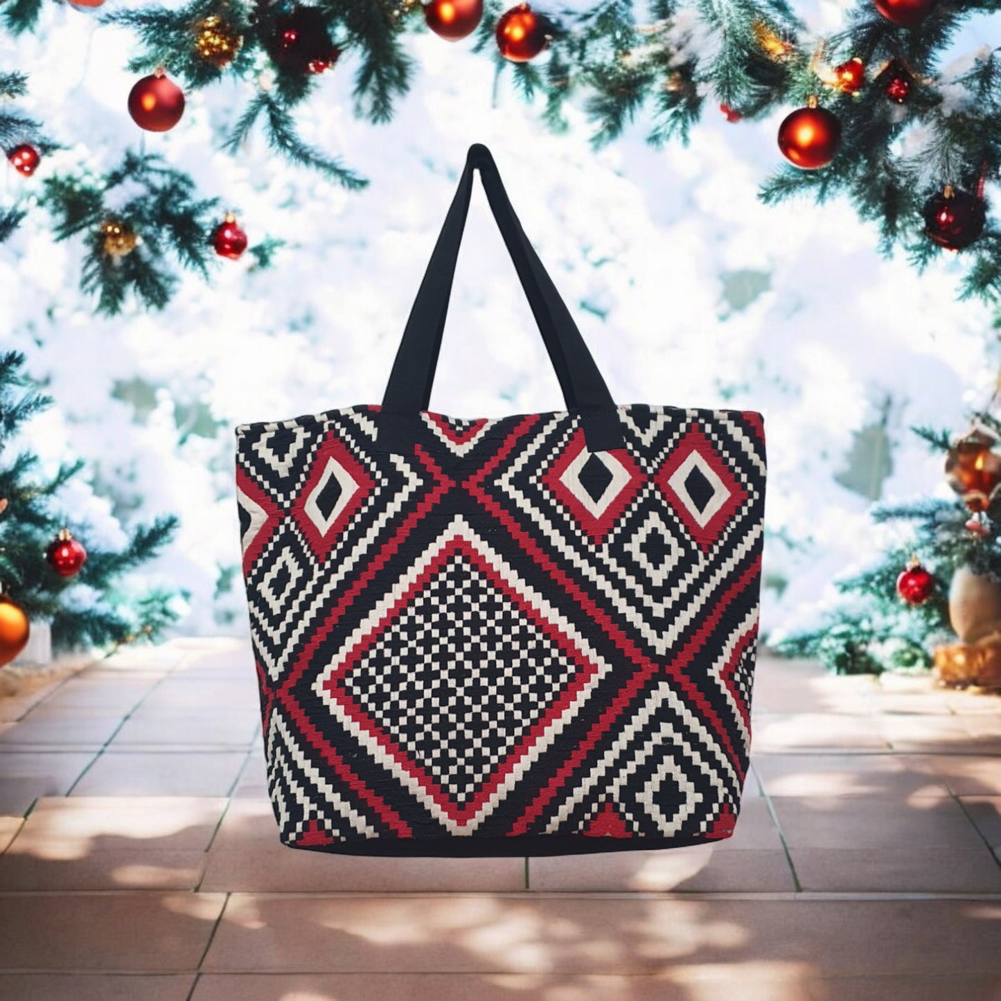 Geometric Tribal Print Canvas Tote Bag – Large Boho Shoulder Bag for Shopping, Beach & Travel