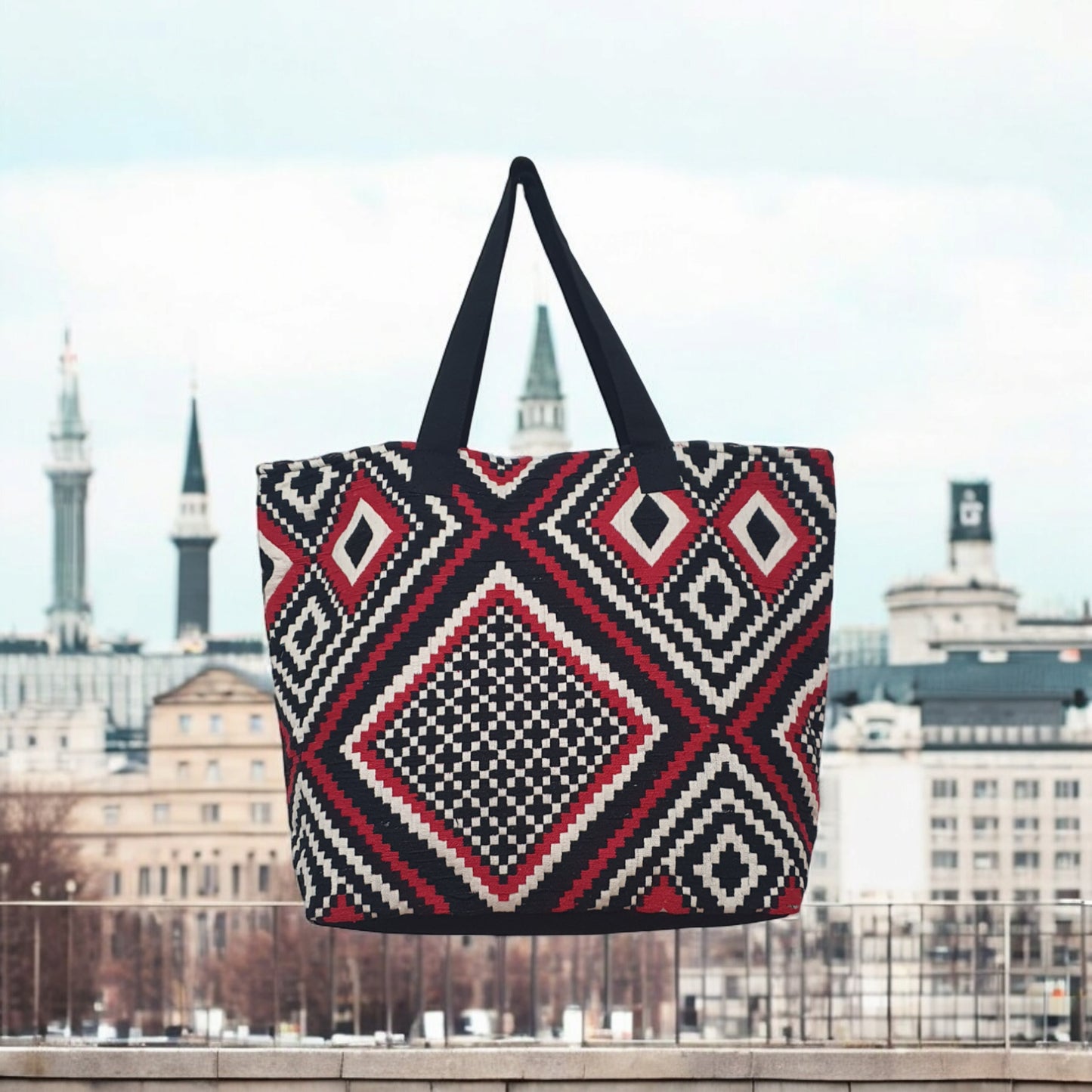 Geometric Tribal Print Canvas Tote Bag – Large Boho Shoulder Bag for Shopping, Beach & Travel