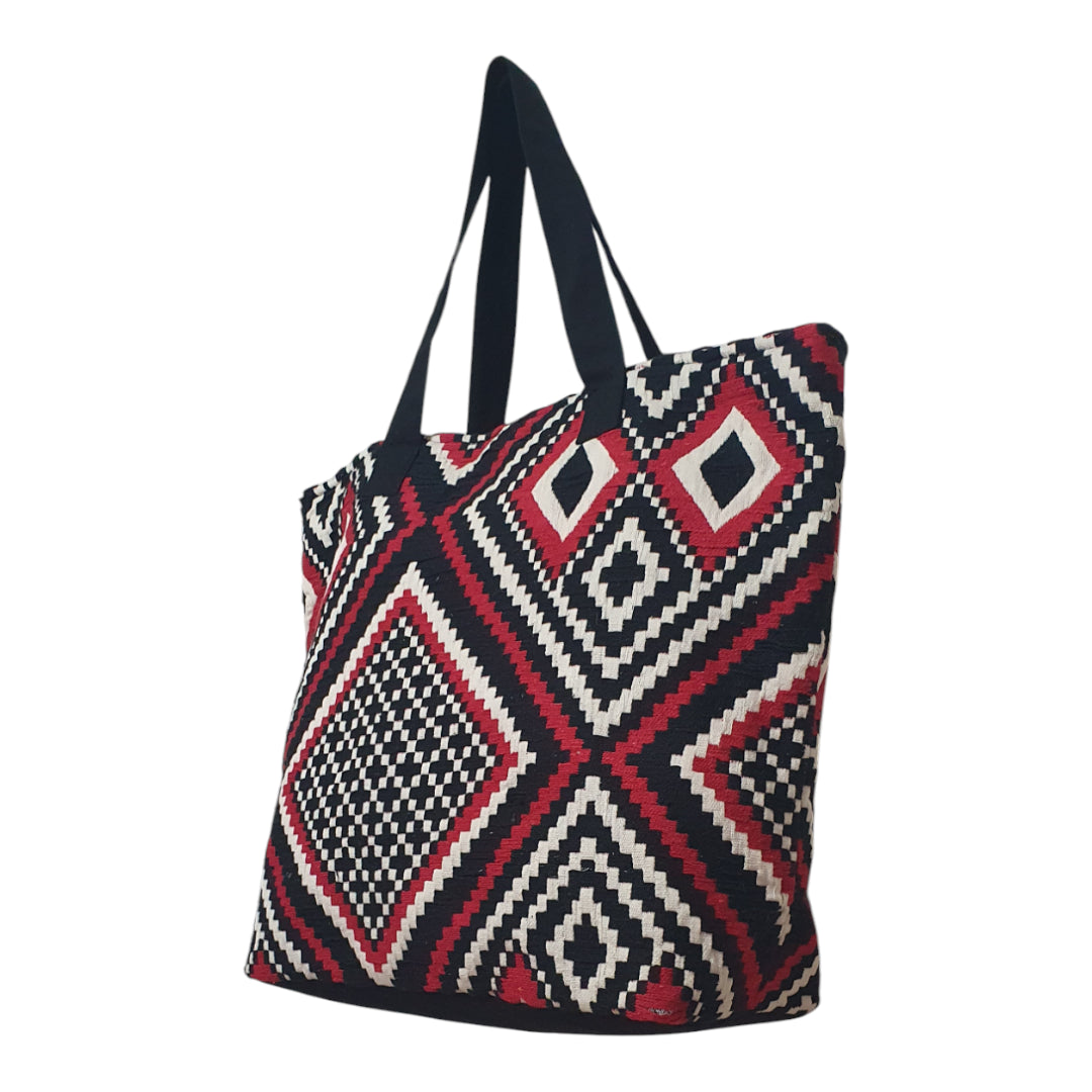 Geometric Tribal Print Canvas Tote Bag – Large Boho Shoulder Bag for Shopping, Beach & Travel