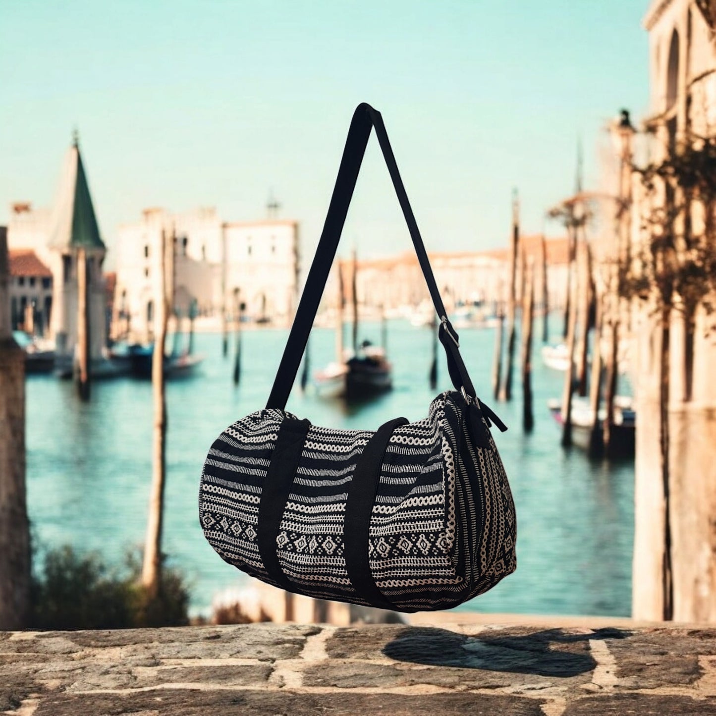 Boho Patterned Canvas Duffel Bag with Shoulder Strap