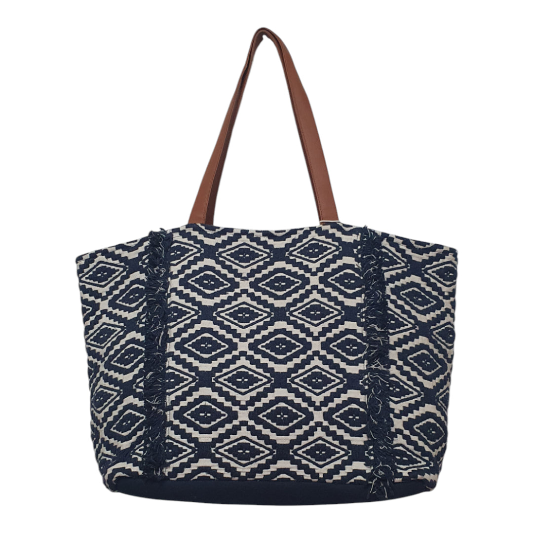 Geometric Pattern Tote Bag with Faux Leather Straps