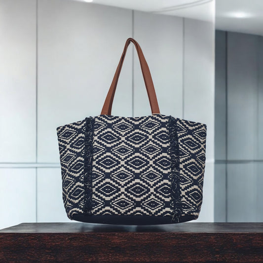 Geometric Pattern Tote Bag with Faux Leather Straps