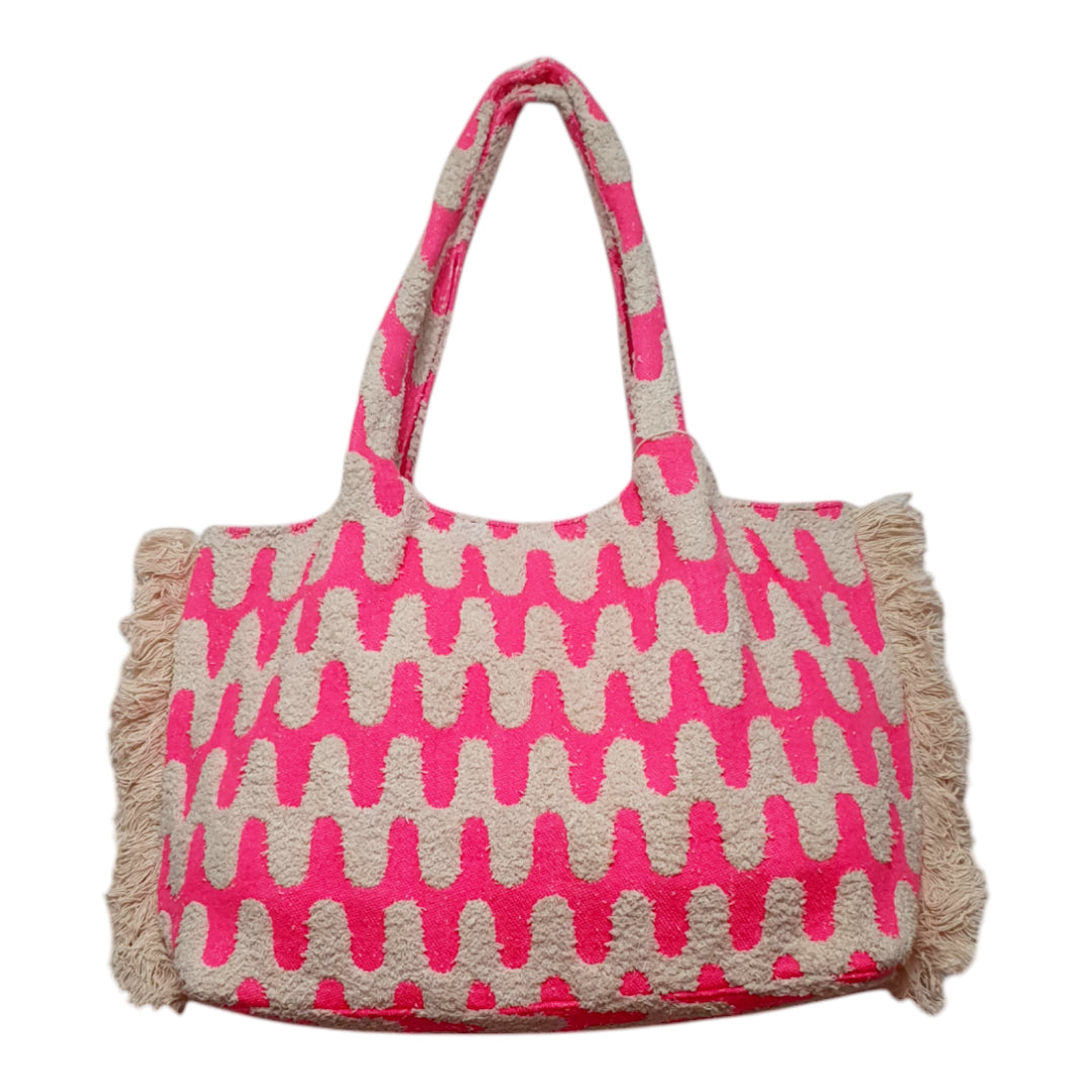 Vibrant Pink and Beige Boho Tote Bag with Textured Wavy Pattern and Fringe Sides
