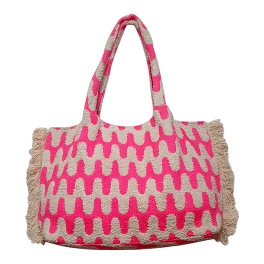 Vibrant Pink and Beige Boho Tote Bag with Textured Wavy Pattern and Fringe Sides