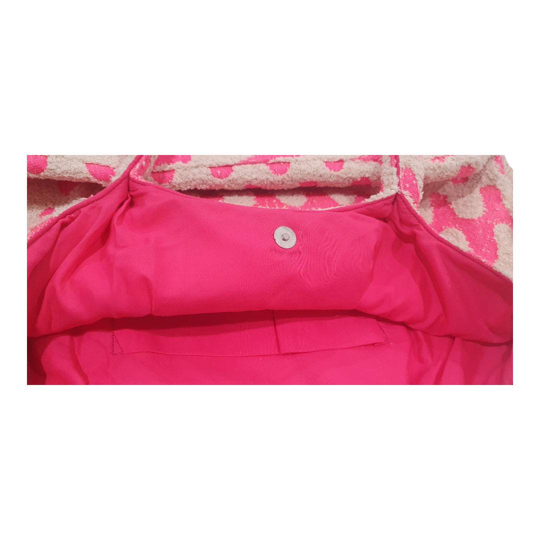 Vibrant Pink and Beige Boho Tote Bag with Textured Wavy Pattern and Fringe Sides
