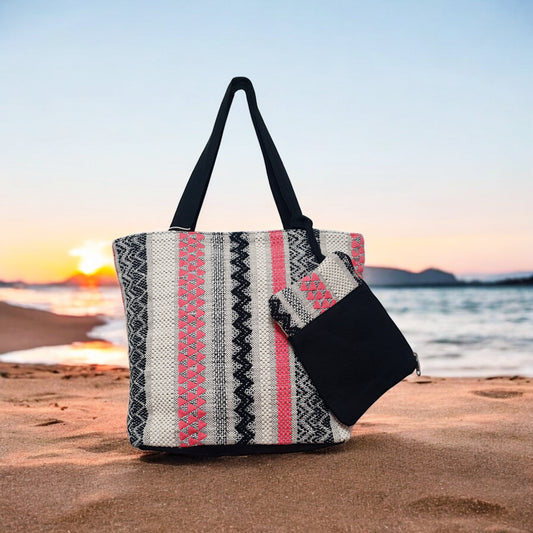 Ethnic Pattern Tote Bag with Matching Pouch – Boho Woven Shoulder Bag for Women
