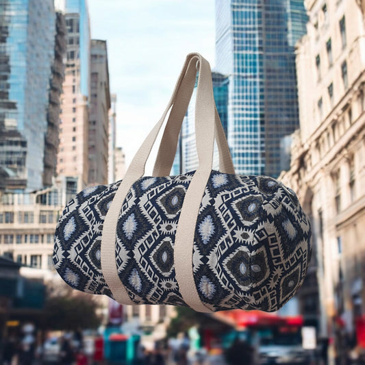 Boho Tribal Print Canvas Duffle Bag – Ethnic Pattern Travel, Gym & Weekend Bag with Beige Handles