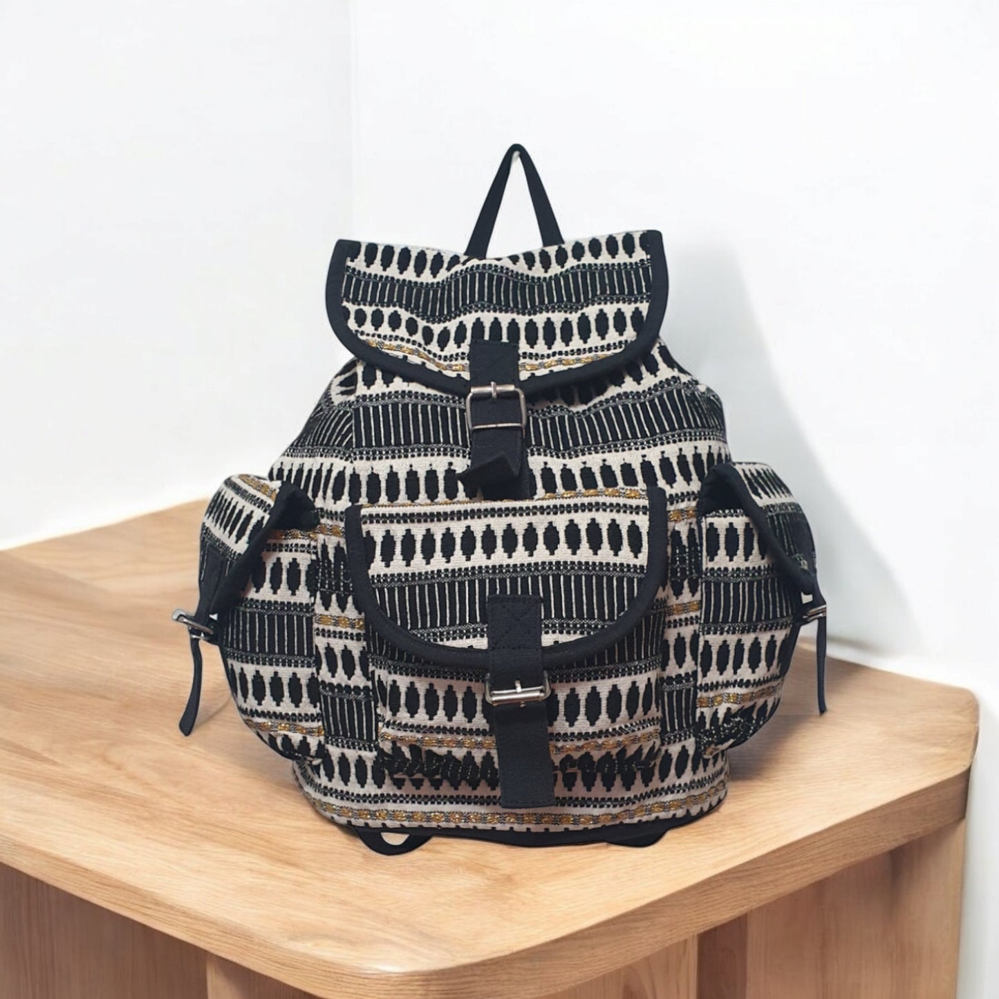 Bohemian Canvas Backpack with Tribal Print and Buckle Details