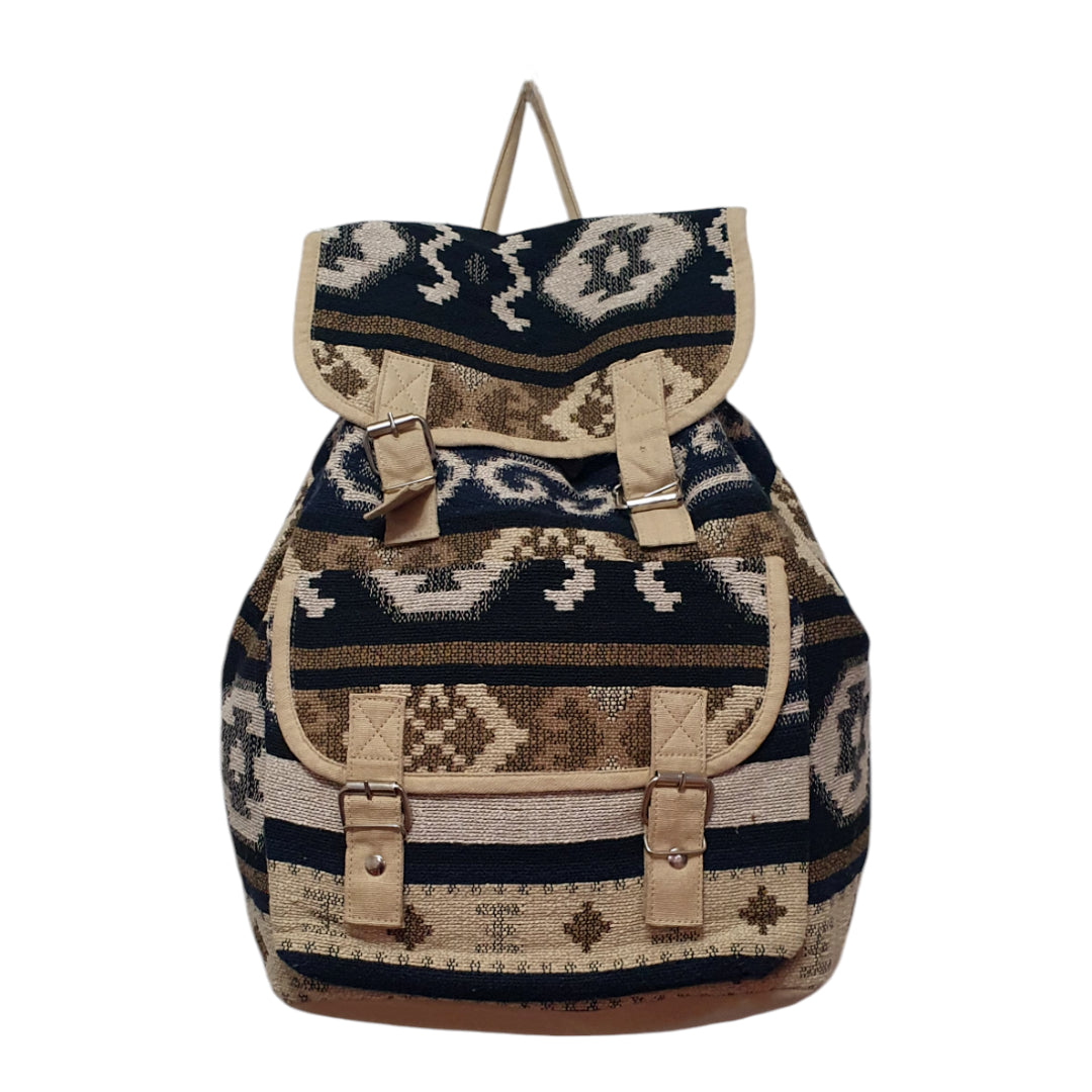 Boho Tribal Canvas Backpack – Ethnic Print Rucksack with Buckle Straps for Travel, School & Daily Use