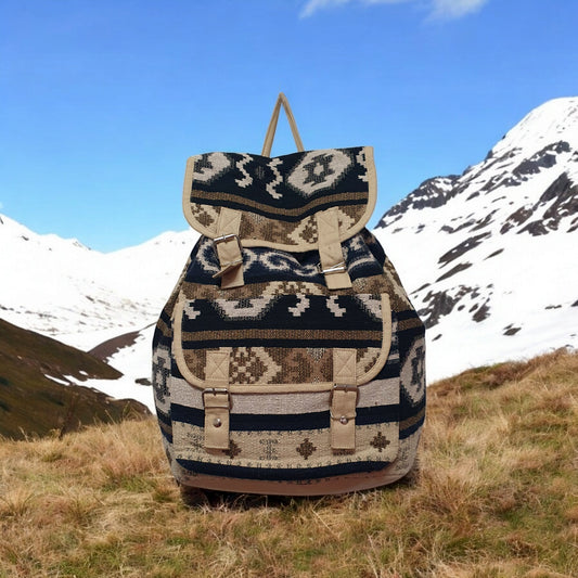 Boho Tribal Canvas Backpack – Ethnic Print Rucksack with Buckle Straps for Travel, School & Daily Use