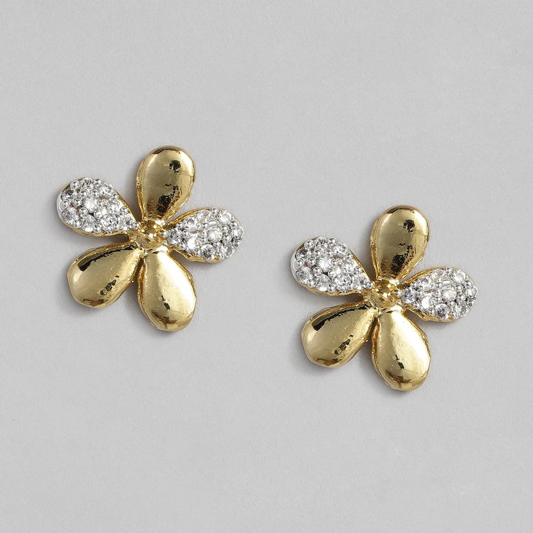 24Kt Gold and Silver Plated American Diamond Petal Stud Earrings