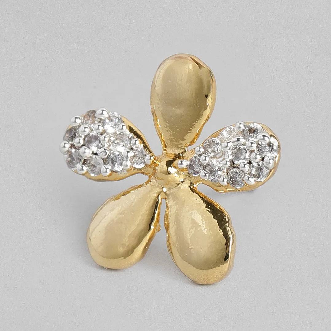 24Kt Gold and Silver Plated American Diamond Petal Stud Earrings