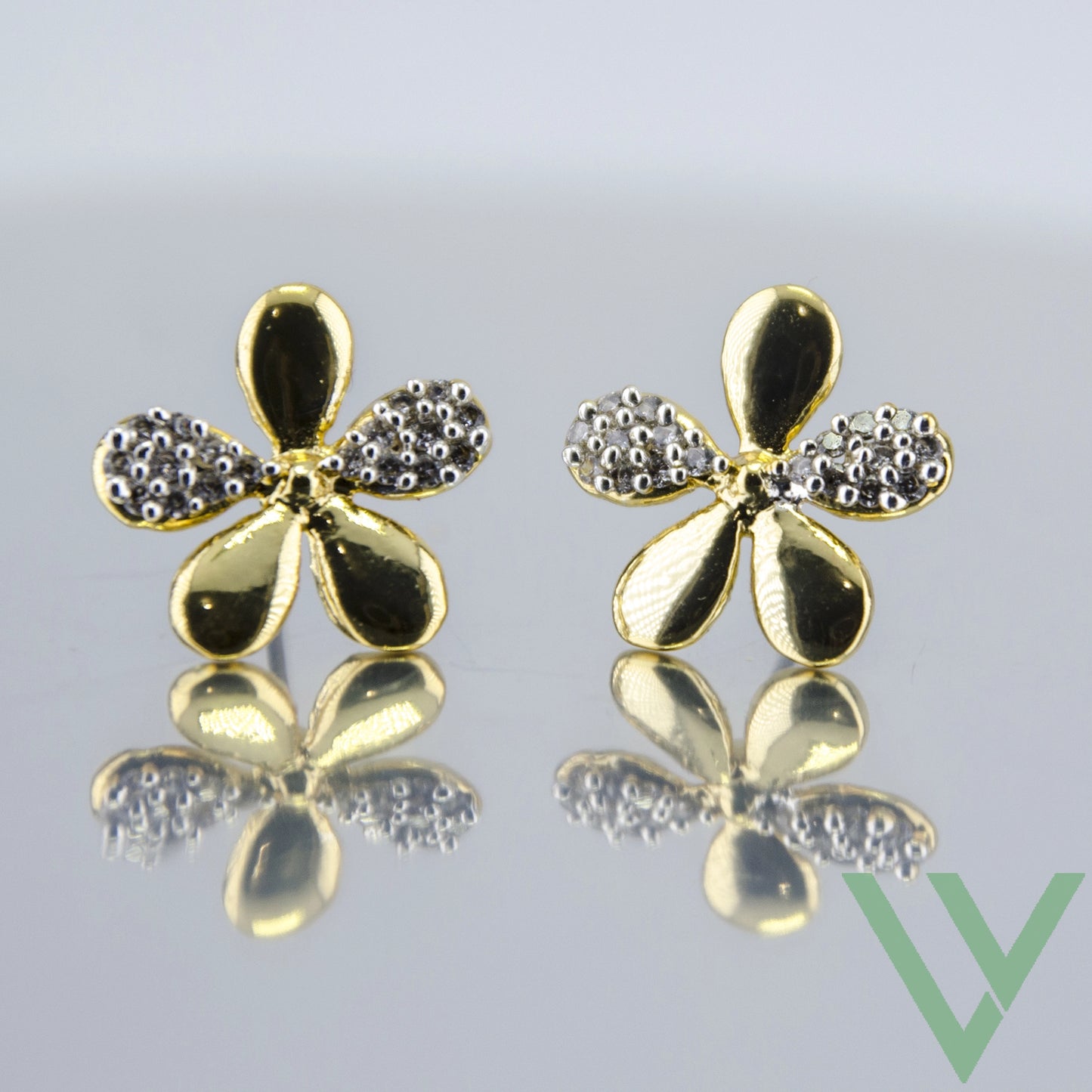 24Kt Gold and Silver Plated American Diamond Petal Stud Earrings